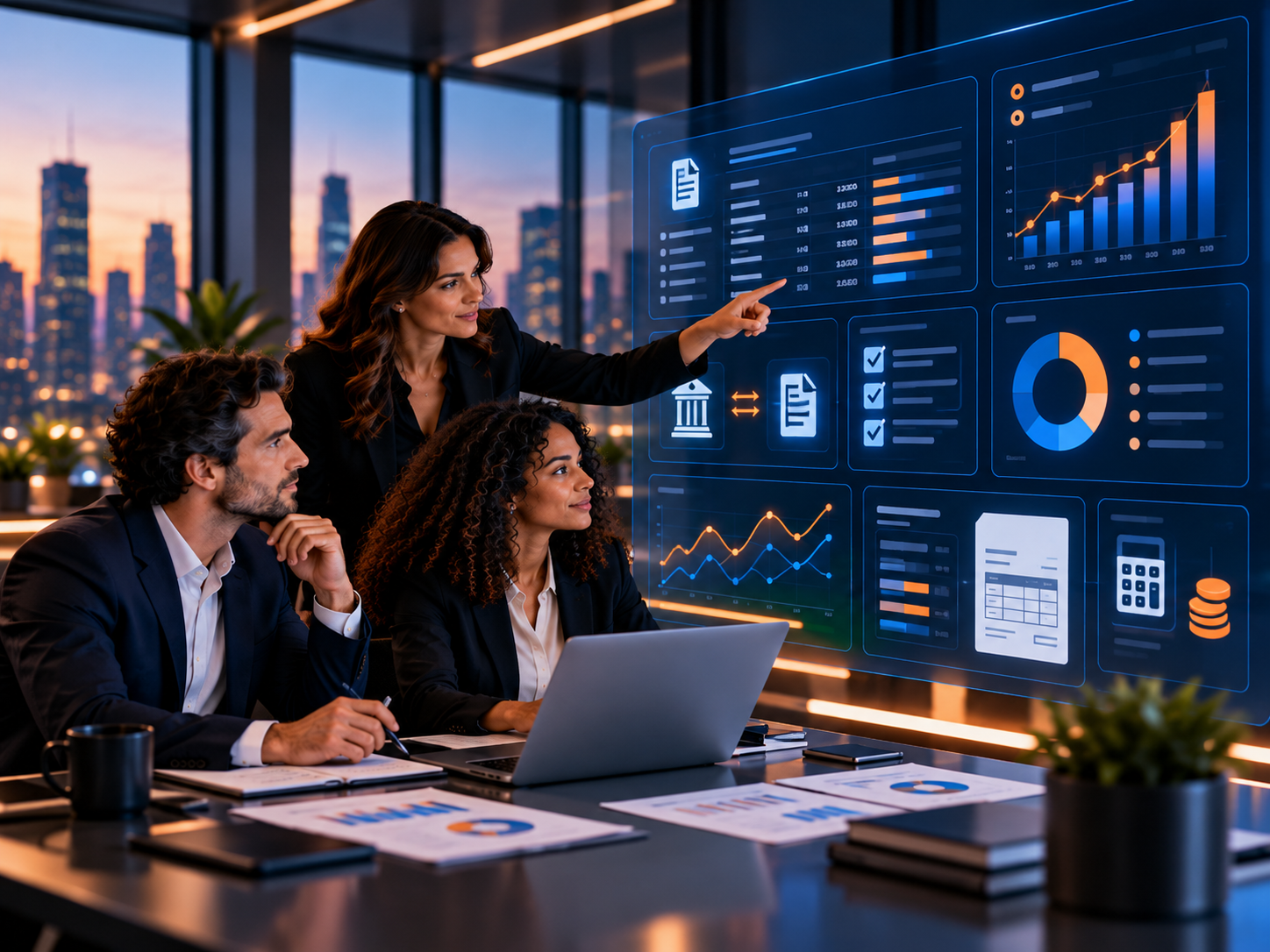 Finance professionals reviewing tax-related accounting records and financial data