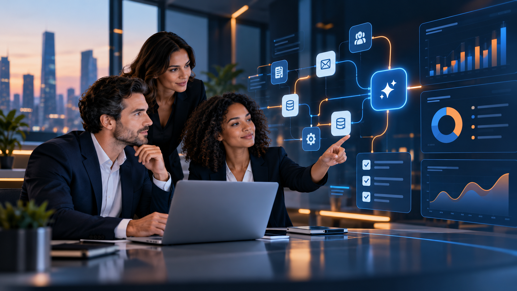 Business team reviewing an AI-assisted workflow automation dashboard
