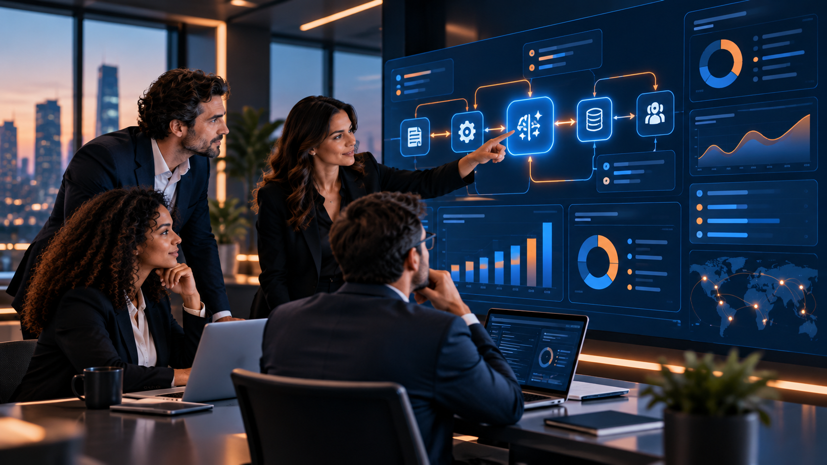 Business team reviewing automation workflows and analytics