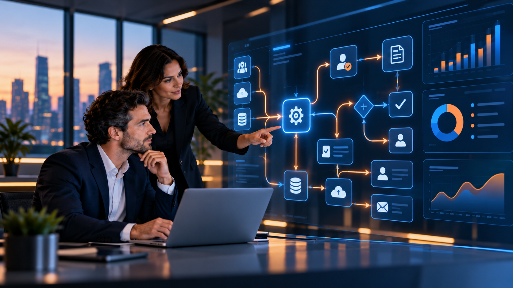Professionals reviewing connected systems and business process automation