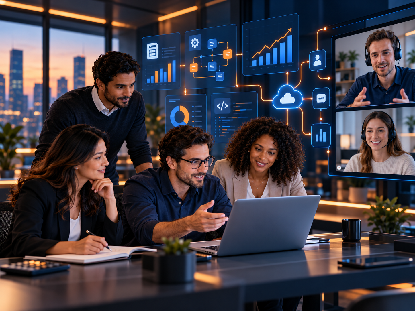 Outsourced professionals collaborating across finance, ERP, development, and business support
